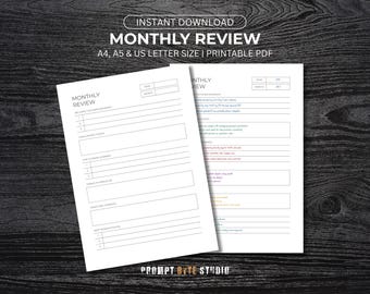 Monthly Review Printable: Reflection, Goal Planning (A4/A5/US Letter PDF Download)