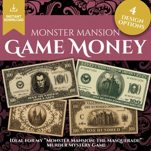 Billete de cien dólares de juguete, accesorio para fiestas, billetes de 100 dólares, dinero falso divertido para juegos, temática de Monster Mansion, PDF digital imprimible