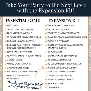 Puede incluir: Imagen con texto que promociona un kit de expansi&oacute;n para fiestas. La imagen enumera los elementos incluidos en el juego esencial y el kit de expansi&oacute;n, como gu&iacute;as de personajes, paquetes de pruebas, cartas de acci&oacute;n y sugerencias de men&uacute;. El texto dice: "&iexcl;B&aacute;sicamente, obtendr&aacute;s muchas opciones extra para el drama!"