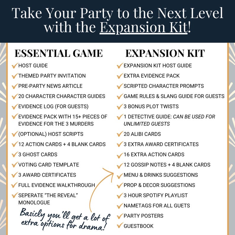 Puede incluir: Imagen con texto que promociona un kit de expansi&oacute;n para fiestas. La imagen enumera los elementos incluidos en el juego esencial y el kit de expansi&oacute;n, como gu&iacute;as de personajes, paquetes de pruebas, cartas de acci&oacute;n y sugerencias de men&uacute;. El texto dice: "&iexcl;B&aacute;sicamente, obtendr&aacute;s muchas opciones extra para el drama!"
