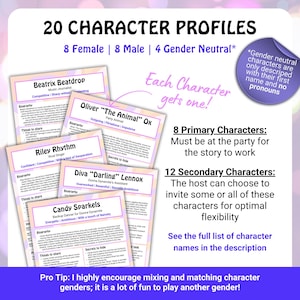 May include: A game featuring 20 character profiles, with 8 female, 8 male, and 4 gender-neutral characters. Each profile card includes a name, biography, and secrets. The image text reads "Each character gets one!"