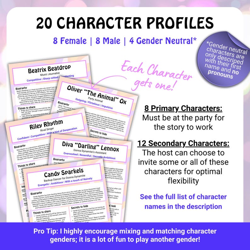 May include: A game featuring 20 character profiles, with 8 female, 8 male, and 4 gender-neutral characters. Each profile card includes a name, biography, and secrets. The image text reads "Each character gets one!"
