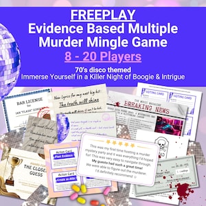 May include: A selection of murder mystery game props and cards, themed around a 1970s disco. The game includes clues, action cards, and a newspaper clipping. Designed for 8-20 players, the game aims to immerse players in a night of intrigue.