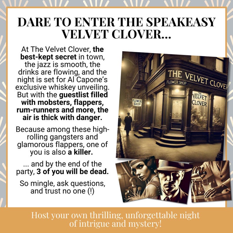 Puede incluir: Anuncio de un evento tem&aacute;tico de speakeasy, con el texto "DARE TO ENTER THE SPEAKEASY VELVET CLOVER." La imagen incluye un edificio vintage, fotos antiguas y texto que describe la atm&oacute;sfera de intriga y misterio del evento.