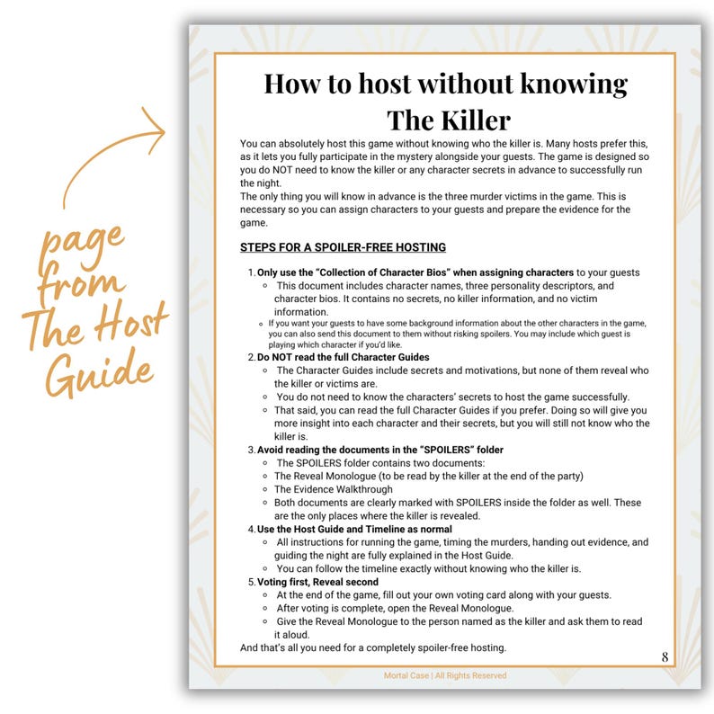 Puede incluir: Una p&aacute;gina de "The Host Guide" con el t&iacute;tulo "C&oacute;mo ser anfitri&oacute;n sin saber El Asesino". El texto explica c&oacute;mo organizar un juego de misterio de asesinato sin saber qui&eacute;n es el asesino. La p&aacute;gina tiene un borde dorado e incluye pasos numerados para una experiencia sin spoilers.