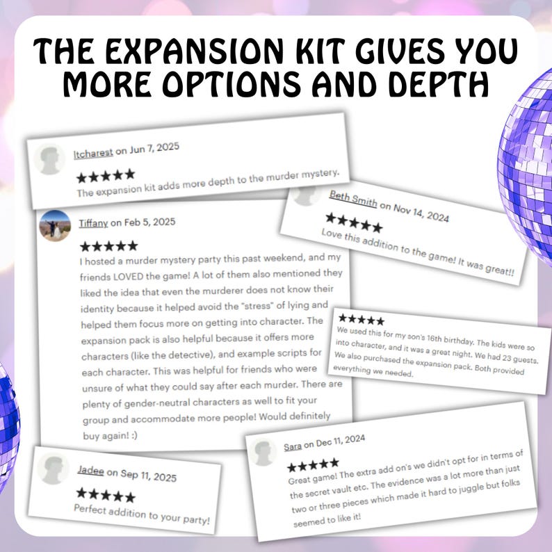 May include: Image of customer reviews for a murder mystery game expansion kit. The reviews are on white rectangles with black text and star ratings. The text at the top says "THE EXPANSION KIT GIVES YOU MORE OPTIONS AND DEPTH."