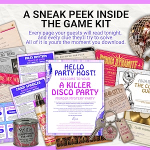 May include: A murder mystery game kit featuring printed character bios, action cards, a welcome letter titled A Killer Disco Party, a Club Chrome City check, an award certificate, a metal coin bank, a spray bottle, and a disco ball graphic.