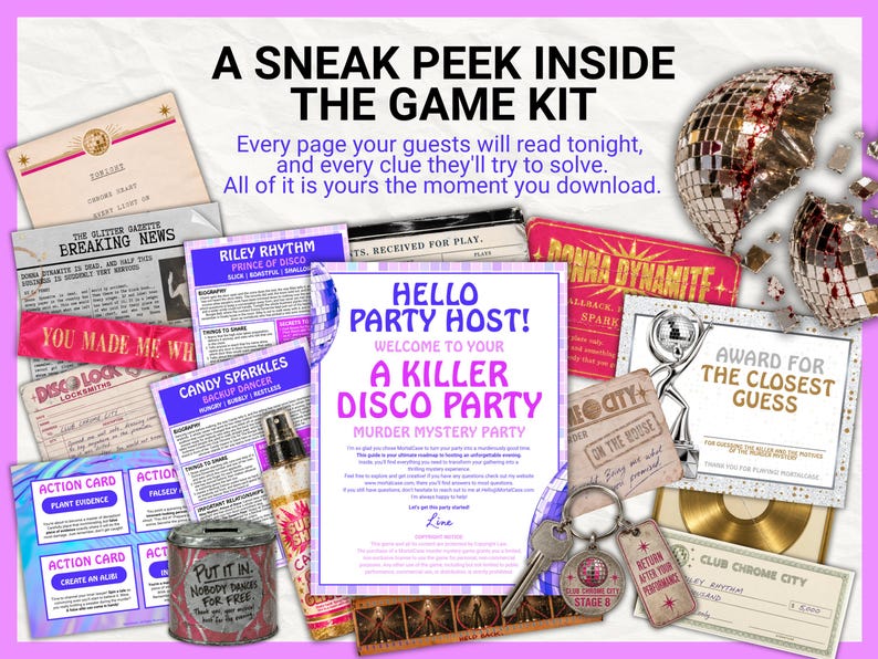 May include: A murder mystery game kit featuring printed character bios, action cards, a welcome letter titled A Killer Disco Party, a Club Chrome City check, an award certificate, a metal coin bank, a spray bottle, and a disco ball graphic.