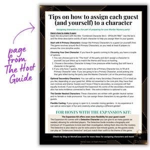 May include: A page from a host guide for a murder mystery party, featuring black and gold geometric borders. The text provides instructions on assigning characters to guests, including primary, secondary, and gender-neutral roles, plus expansion kit tips.
