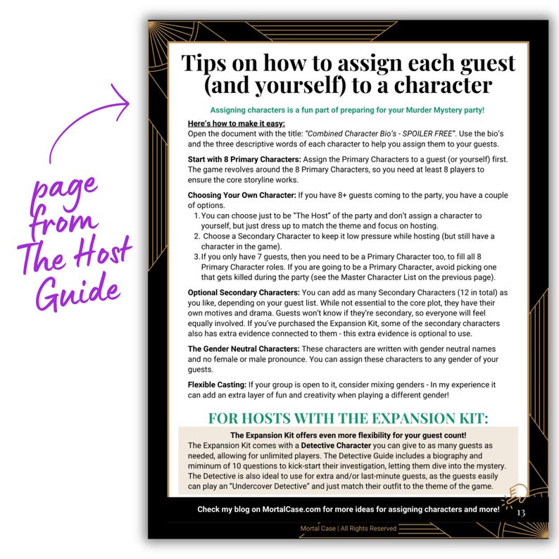 May include: A page from a host guide for a murder mystery party, featuring black and gold geometric borders. The text provides instructions on assigning characters to guests, including primary, secondary, and gender-neutral roles, plus expansion kit tips.