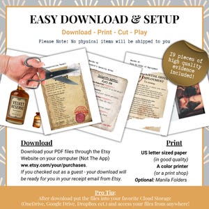 Puede incluir: Una descarga digital con el texto &laquo;EASY DOWNLOAD & SETUP&raquo; e instrucciones para descargar, imprimir y cortar. La imagen incluye varios documentos de aspecto envejecido, una botella de whisky y unas tijeras. El texto tambi&eacute;n menciona &laquo;19 pieces of high quality evidence included!&raquo;.