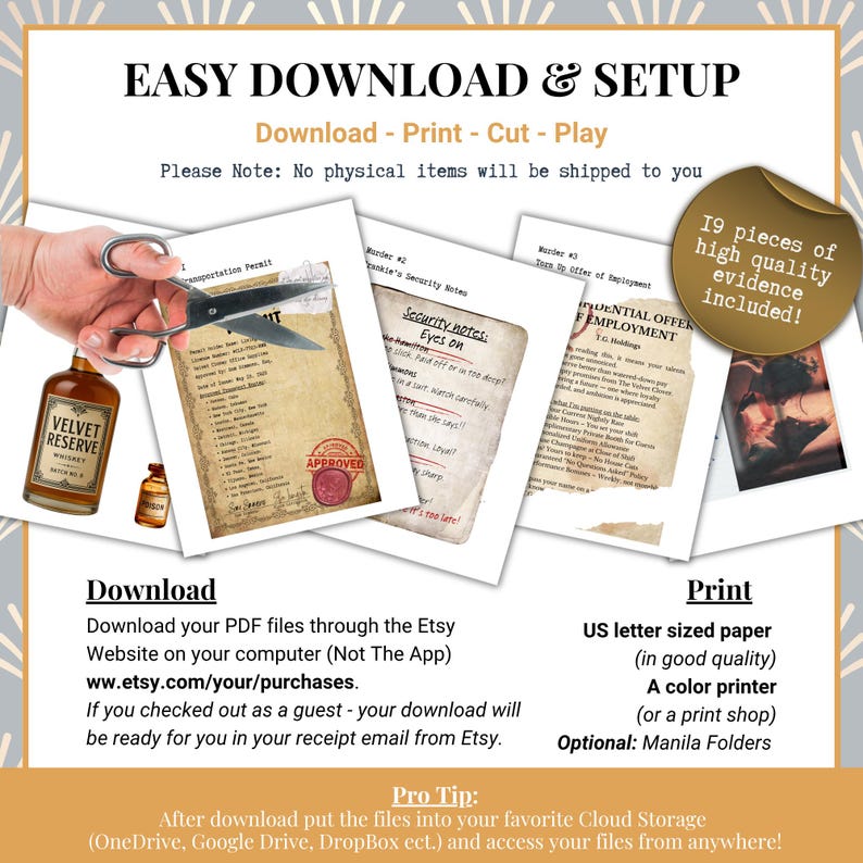 Puede incluir: Una descarga digital con el texto &laquo;EASY DOWNLOAD & SETUP&raquo; e instrucciones para descargar, imprimir y cortar. La imagen incluye varios documentos de aspecto envejecido, una botella de whisky y unas tijeras. El texto tambi&eacute;n menciona &laquo;19 pieces of high quality evidence included!&raquo;.