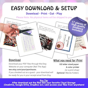 May include: Digital download instructions with the text "EASY DOWNLOAD & SETUP" and steps to download, print, and cut. The image shows evidence pieces, including a camera and a bar license. Includes 17 pieces of high quality evidence.