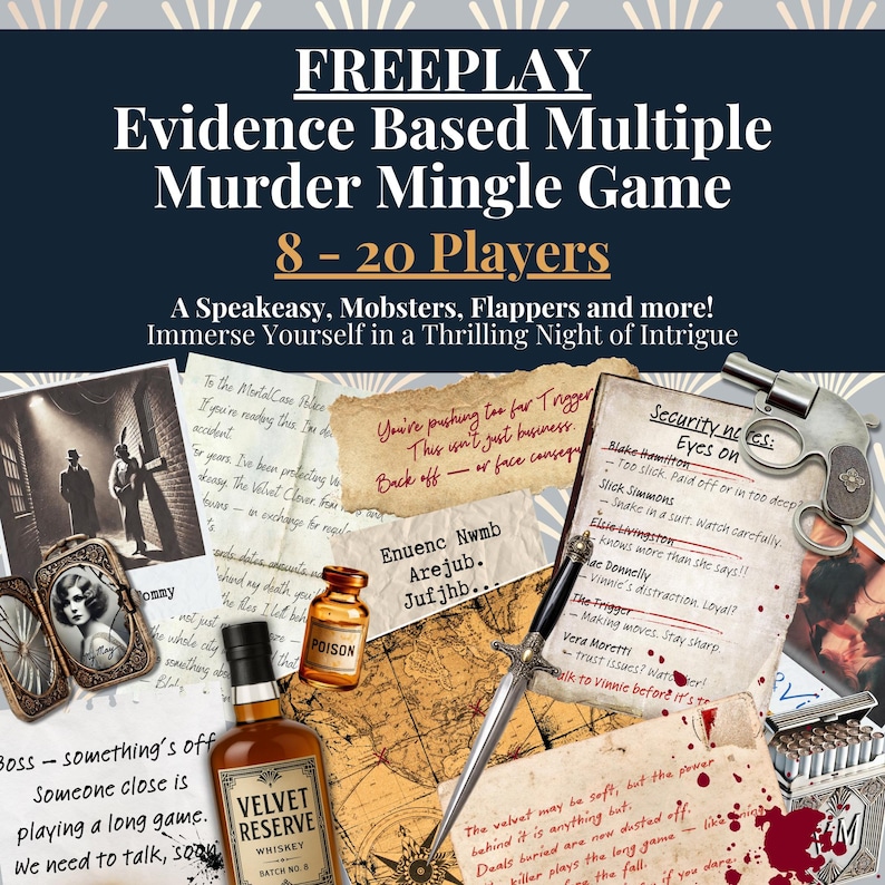 Puede incluir: Un juego de misterio de asesinato de estilo vintage con el texto "FREEPLAY Evidence Based Multiple Murder Mingle Game" para 8-20 jugadores. Incluye un rev&oacute;lver, una daga, una botella de whisky y notas manuscritas.