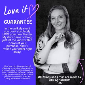 May include: A woman with blonde hair smiles, holding glasses. The image includes text on a purple background: "Love it GUARANTEE", detailing a refund policy for Murder Mystery Games and props. The text also states that all games are made by Line Christensen.