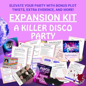 May include: A Killer Disco Party expansion kit with various game materials. Includes cards, booklets, and a disco ball graphic. Text on the materials includes "Bonus Plot Twists," "Slang Guide," and "Guestbook."