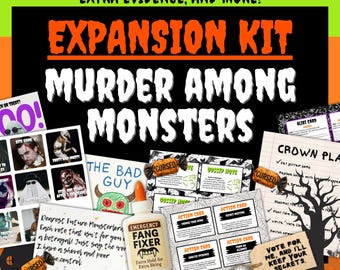 Może przedstawiać: Zestaw rozszerzający do gry "Murder Among Monsters" z różnymi kartami, notatkami i butelką kleju "Emergency Fang Fixer". Zestaw zawiera karty z napisem "Action Card" i "Gossip Note", z tekstem "Głosuj na mnie, a zachowam twoje sekrety."