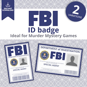 Distintivo identificativo dell'FBI per il gioco "Murder Mystery", tessera di riconoscimento della polizia fai da te, divertente accessorio per feste in costume da detective, PDF stampabile, download digitale istantaneo