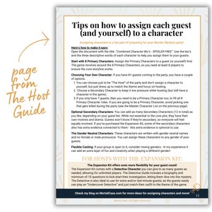 Puede incluir: Una p&aacute;gina de "The Host Guide" con consejos sobre c&oacute;mo asignar personajes para una fiesta de misterio de asesinato. El texto incluye instrucciones sobre la elecci&oacute;n de personajes, incluidos los roles primarios y secundarios, y el uso del Kit de Expansi&oacute;n. La p&aacute;gina es blanca con texto negro.