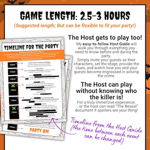 May include: A murder mystery party game guide featuring a timeline document with black and orange text. The document outlines a party schedule from 6:00 pm to 9:00 pm, including game instructions, host information, and event details.