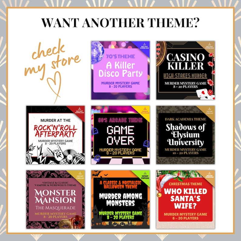 Puede incluir: Una colecci&oacute;n de cajas de juegos de misterio de asesinato con varios temas, incluyendo una fiesta disco, casino, rock and roll, arcade, academia oscura, mansi&oacute;n de monstruos, Halloween y Navidad. Tambi&eacute;n est&aacute; presente el texto "check my store".