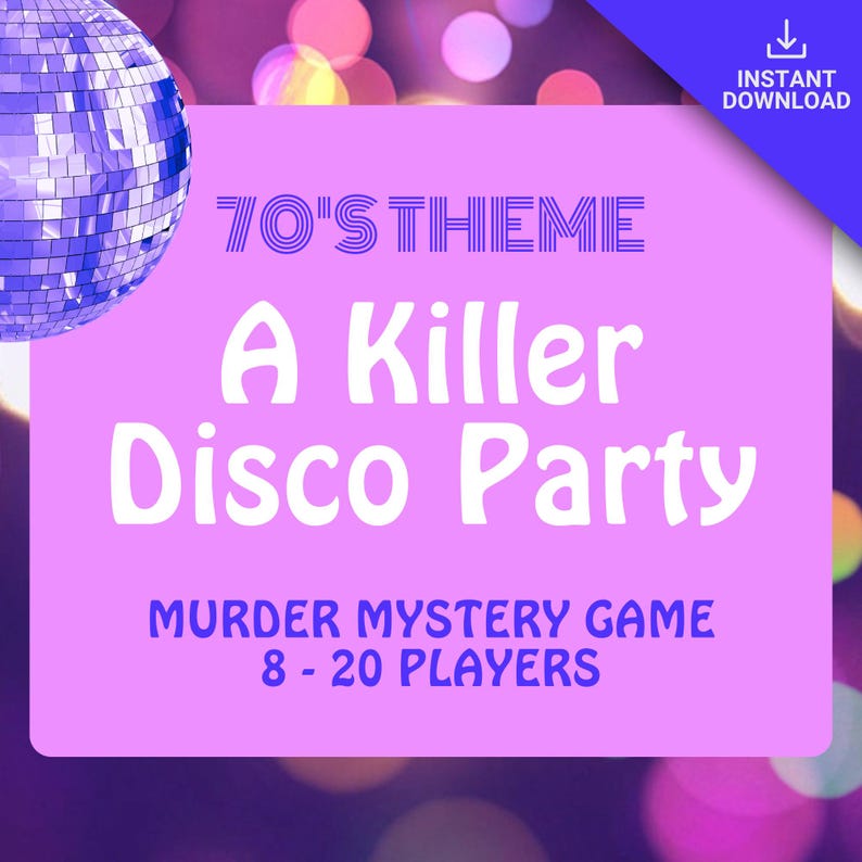 Purple 1970s disco-themed cover with a glitter disco ball and colourful party lights for A Killer Disco Party murder mystery game. Printable whodunit dinner party kit for 8 to 20 adult players, instant-download PDF.