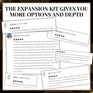 May include: A collection of five customer reviews for a murder mystery game expansion kit, displayed as white rectangular cards with black text and five-star ratings. The header text reads: THE EXPANSION KIT GIVES YOU MORE OPTIONS AND DEPTH.