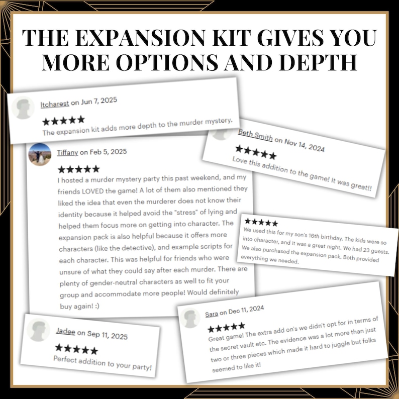 May include: A collection of five customer reviews for a murder mystery game expansion kit, displayed as white rectangular cards with black text and five-star ratings. The header text reads: THE EXPANSION KIT GIVES YOU MORE OPTIONS AND DEPTH.