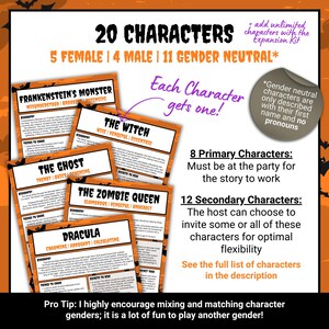 May include: A Halloween-themed game information sheet featuring 20 characters, including Frankenstein's Monster, The Witch, The Ghost, The Zombie Queen, and Dracula. The document outlines character biographies, traits, and party requirements.