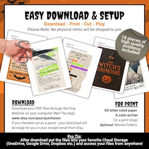 May include: A digital download kit featuring printable Halloween-themed evidence documents, including a Witch's Grimoire cover, a popularity trend report, and a wood analysis form. The set includes 18 pieces of high-quality evidence.