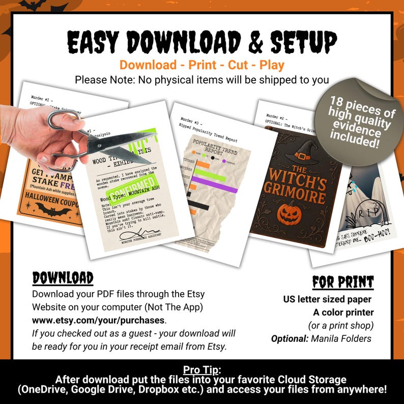 May include: A digital download kit featuring printable Halloween-themed evidence documents, including a Witch's Grimoire cover, a popularity trend report, and a wood analysis form. The set includes 18 pieces of high-quality evidence.
