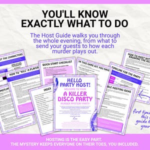 May include: A murder mystery party game kit featuring multiple printed pages with purple borders. The central document is titled A Killer Disco Party. Other pages include a Quick Start Checklist, character information, and hosting guides.