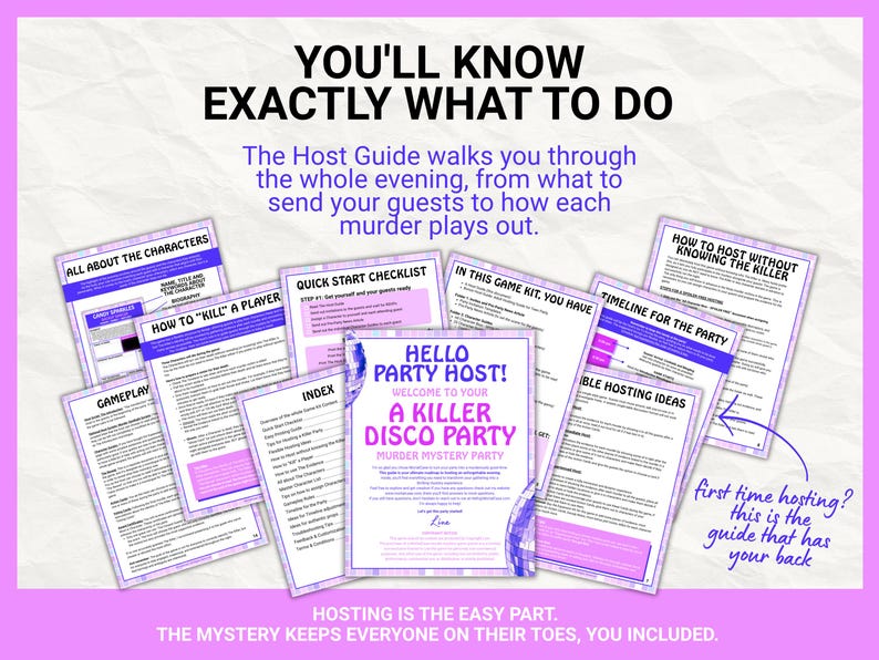 May include: A murder mystery party game kit featuring multiple printed pages with purple borders. The central document is titled A Killer Disco Party. Other pages include a Quick Start Checklist, character information, and hosting guides.