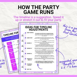 May include: Two pages from a party game host guide with purple and white checkered borders. The text includes 'HOW THE PARTY GAME RUNS', 'IDEAS FOR TIMELINE ADJUSTMENTS', and a detailed schedule with 30-minute and 15-minute intervals for gameplay.