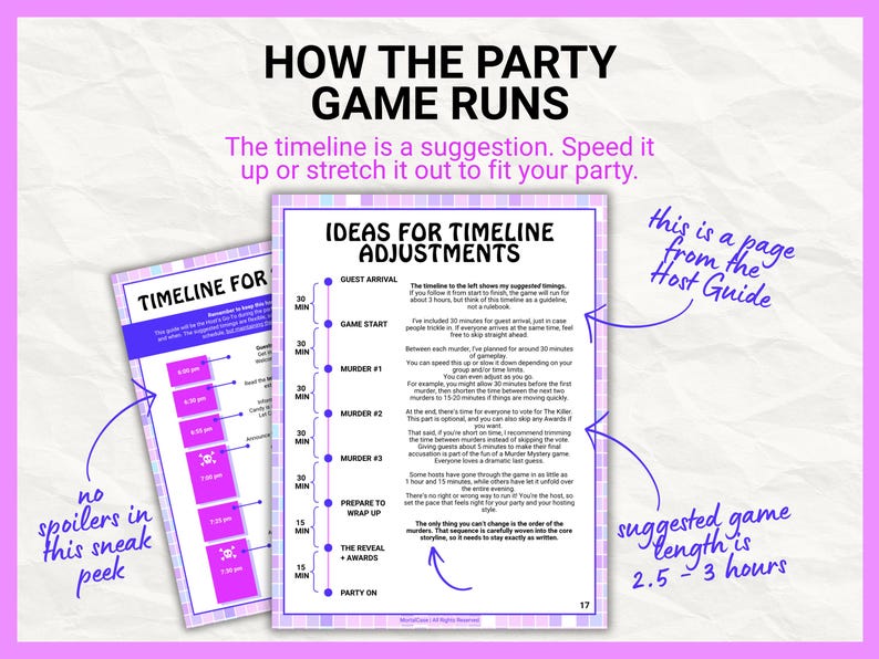 May include: Two pages from a party game host guide with purple and white checkered borders. The text includes 'HOW THE PARTY GAME RUNS', 'IDEAS FOR TIMELINE ADJUSTMENTS', and a detailed schedule with 30-minute and 15-minute intervals for gameplay.