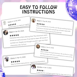 May include: Image featuring the text "EASY TO FOLLOW INSTRUCTIONS". Customer reviews with dates and star ratings are displayed on white rectangular cards. A disco ball is visible in the background, adding a festive touch.