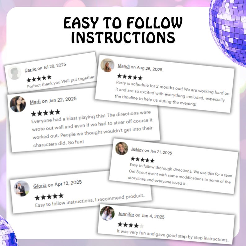 May include: Image featuring the text "EASY TO FOLLOW INSTRUCTIONS". Customer reviews with dates and star ratings are displayed on white rectangular cards. A disco ball is visible in the background, adding a festive touch.