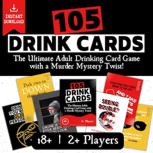 LOT DE 105 CARTES BOISSON pour adultes, jeu de société pour boire un verre, kit pack avant-boissons, thème humour meurtre et mystère, téléchargement numérique instantané pdf