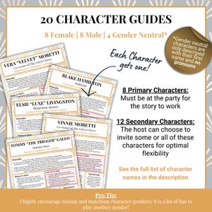 Puede incluir: Un conjunto de gu&iacute;as de personajes para un juego de fiesta. Las gu&iacute;as est&aacute;n en tarjetas de color crema con detalles dorados. El texto incluye nombres de personajes, biograf&iacute;as y secretos. La imagen tambi&eacute;n incluye el texto "20 Gu&iacute;as de personajes".
