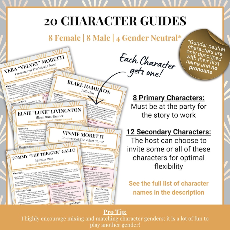 Puede incluir: Un conjunto de gu&iacute;as de personajes para un juego de fiesta. Las gu&iacute;as est&aacute;n en tarjetas de color crema con detalles dorados. El texto incluye nombres de personajes, biograf&iacute;as y secretos. La imagen tambi&eacute;n incluye el texto "20 Gu&iacute;as de personajes".