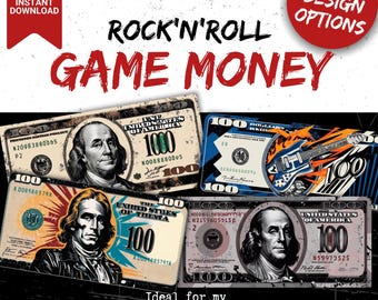 Hundert Dollar Bill, Spielgeld, Party Requisite 100 Dollar-Scheine, lustiges Fake-Bargeld für Spiele, Rock&#39;n&#39;Roll-Thema, digital druckbare PDF-Datei