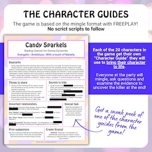 May include: A character guide for "Candy Sparkels" from "The Character Guides" game. The guide includes a biography, secrets, and things to share. Text on the right says, "Each of the 20 characters in the game get their own 'Character Guide' they will use to bring their character to life."