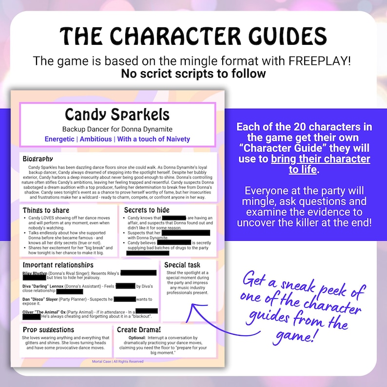 May include: A character guide for "Candy Sparkels" from "The Character Guides" game. The guide includes a biography, secrets, and things to share. Text on the right says, "Each of the 20 characters in the game get their own 'Character Guide' they will use to bring their character to life."