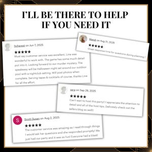 May include: A graphic display featuring the text I'LL BE THERE TO HELP IF YOU NEED IT at the top, overlaid with four five-star customer reviews. The reviews include text praising customer service, game details, and planning assistance.