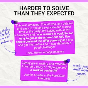 May include: Two bright purple rectangular signs featuring customer testimonials. The top sign reads, Harder to solve than they expected, followed by a review from Kira. The bottom sign includes a review from Jenifer. Handwritten blue text notes are present.