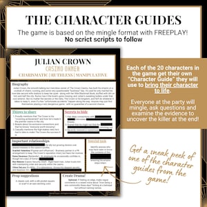 May include: A character guide for a murder mystery game featuring the character Julian Crown, a casino owner. The document includes a biography, things to share, secrets to hide, important relationships, a special task, and prop suggestions.