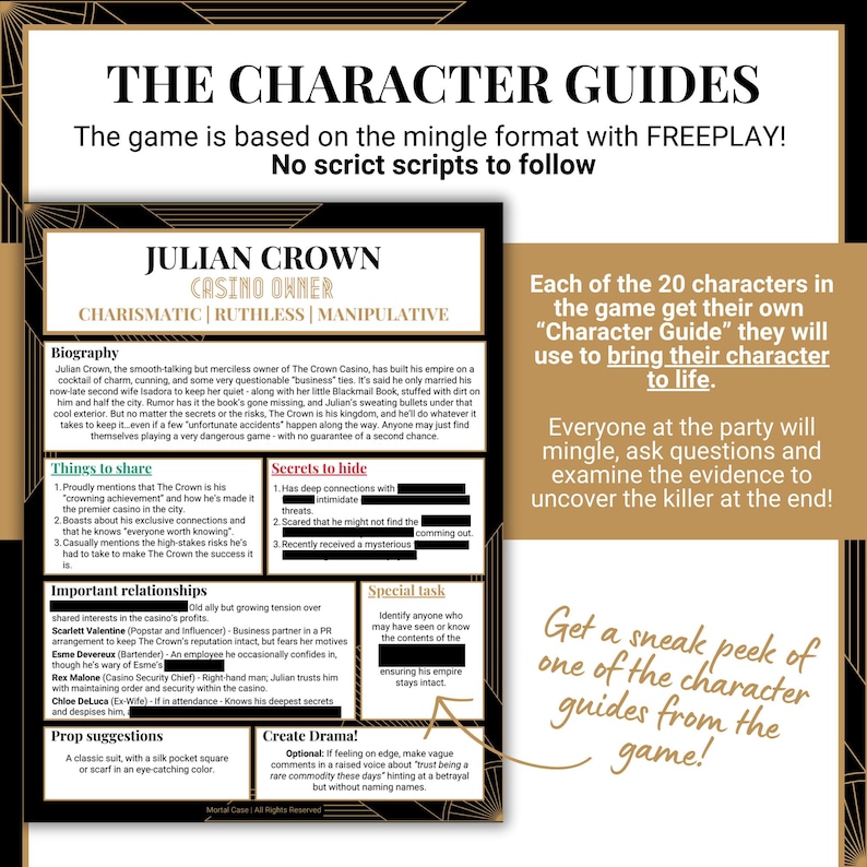 May include: A character guide for a murder mystery game featuring the character Julian Crown, a casino owner. The document includes a biography, things to share, secrets to hide, important relationships, a special task, and prop suggestions.