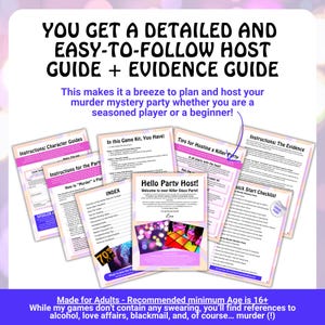 May include: A set of printed guides for a murder mystery party, featuring instructions, character guides, and evidence guides. The text on the guides reads "You get a detailed and easy-to-follow host guide + evidence guide."
