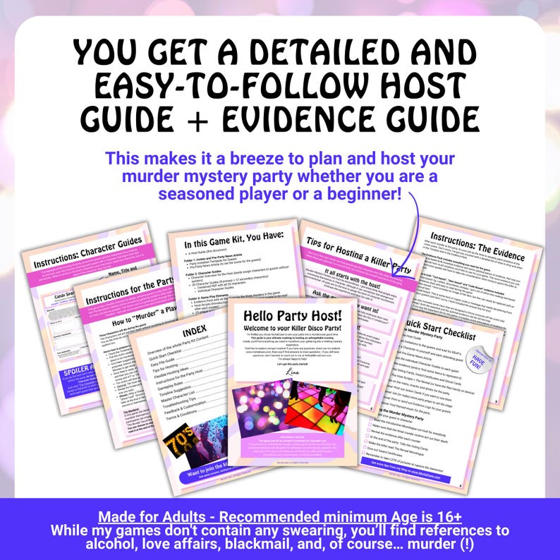 May include: A set of printed guides for a murder mystery party, featuring instructions, character guides, and evidence guides. The text on the guides reads "You get a detailed and easy-to-follow host guide + evidence guide."