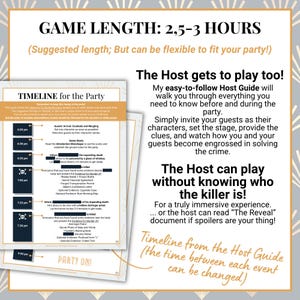Puede incluir: Una gu&iacute;a de juego para una fiesta de misterio de asesinato con una l&iacute;nea de tiempo, instrucciones y pistas. La gu&iacute;a incluye una l&iacute;nea de tiempo, detalles del evento y el texto "&iexcl;El anfitri&oacute;n puede jugar sin saber qui&eacute;n es el asesino!" La duraci&oacute;n del juego es de 2,5-3 horas.